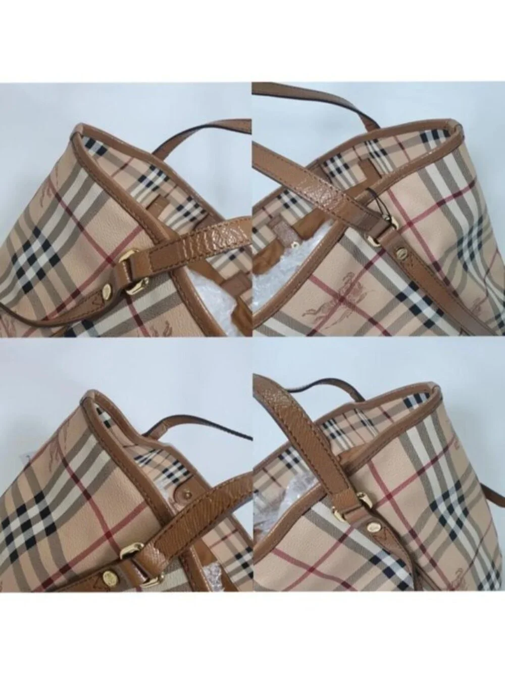 Authentic Burberry Haymarket Check Tote Bag Leather With Matching Zip Pouch